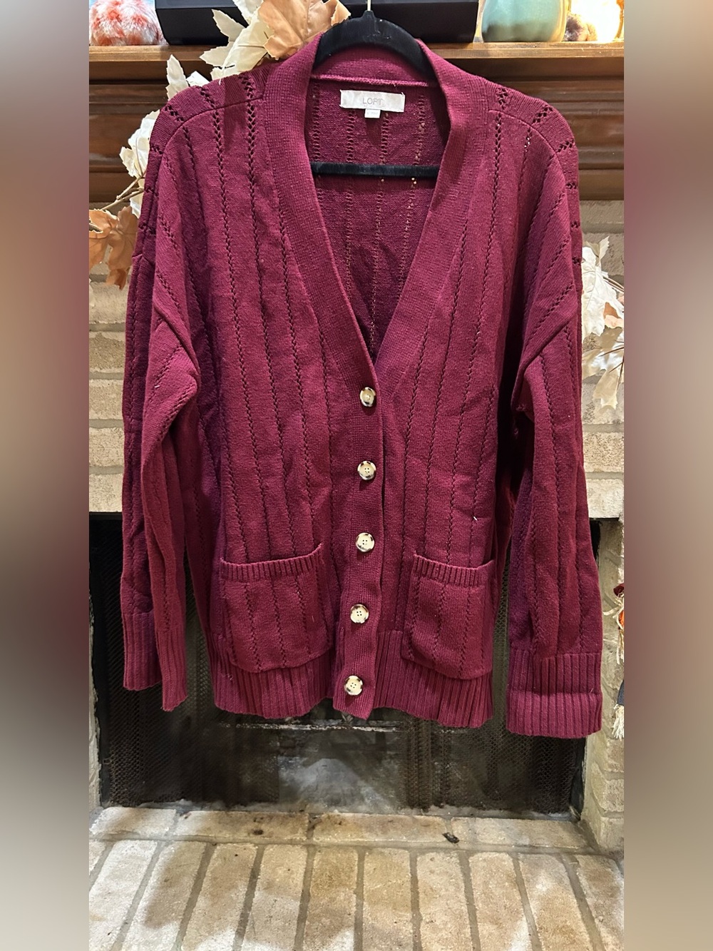 LOFT Burgundy Button-Front Knit Cardigan EUC
